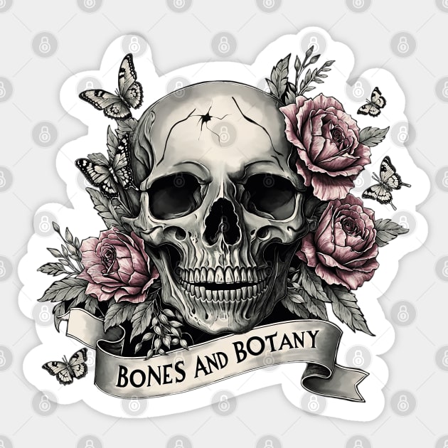 Bones and botany, Skull human anatomy floral, pink watercolor roses, Bones and Botany art anatomy Sticker by Collagedream